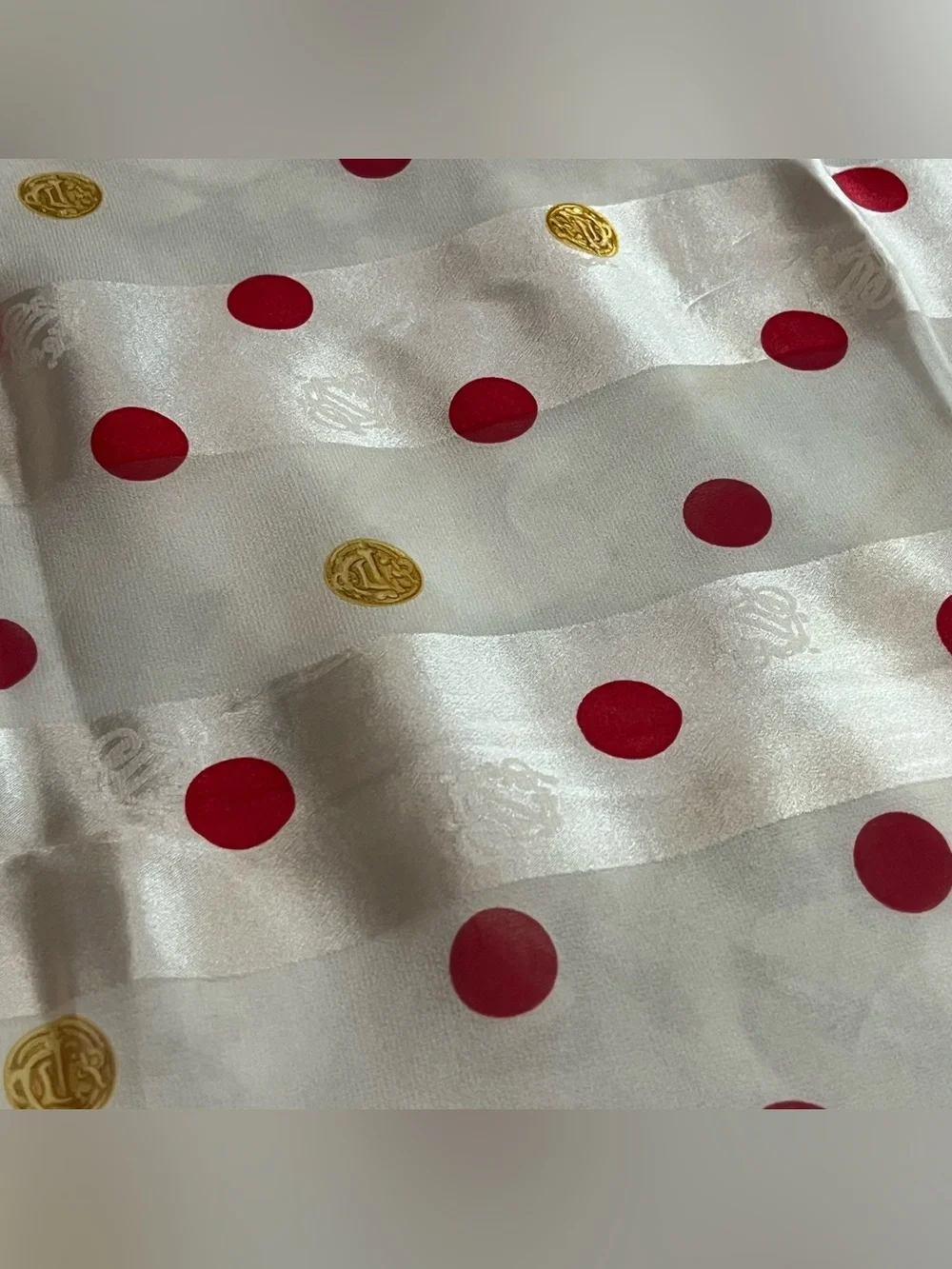 Dior Vintage Silk Chiffon Scarf Red Gold Polka Dot Crown Filigree Jacquard 32